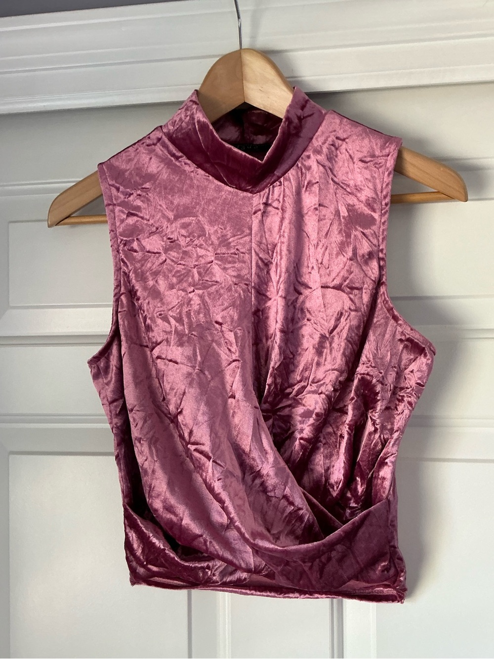 Jade Mauve Pink Crushed Velvet Mock Neck Sleeveless Crop Top S
